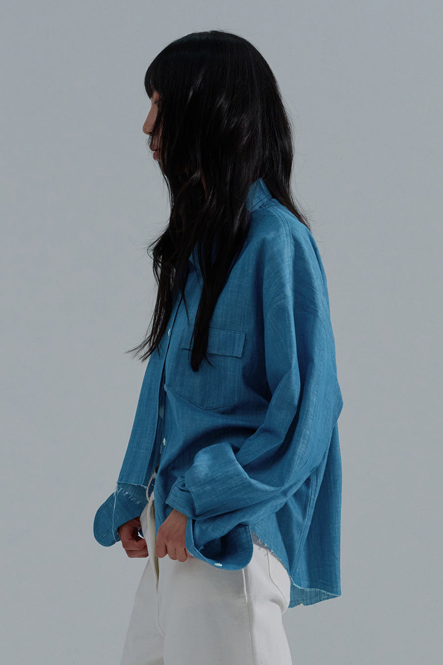 Slub Faded Cut-Off Denim Shirt — Light Blue