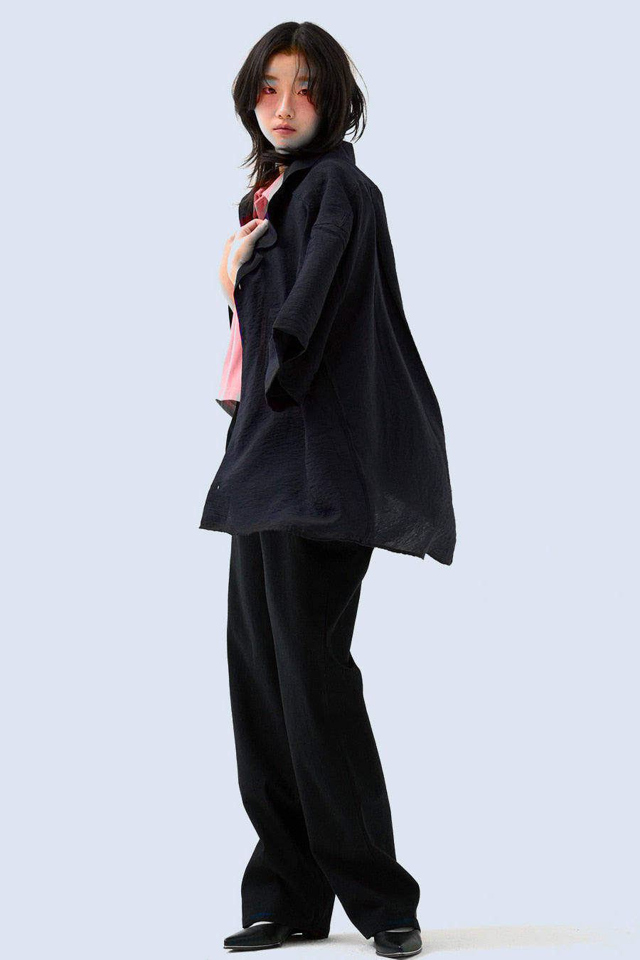 Open Collar Linen Shirt — D.Navy