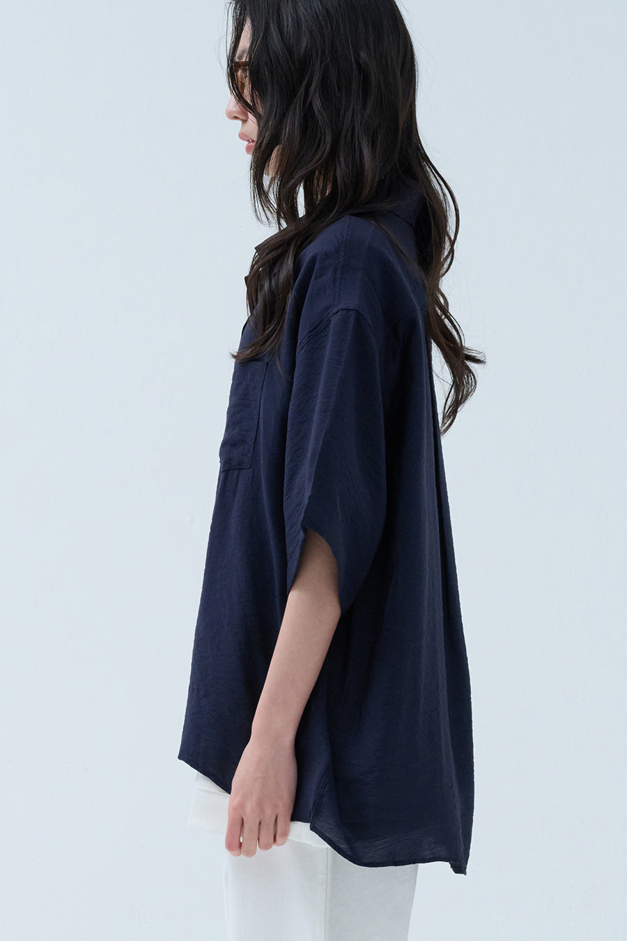 Open Collar Linen Shirt — D.Navy