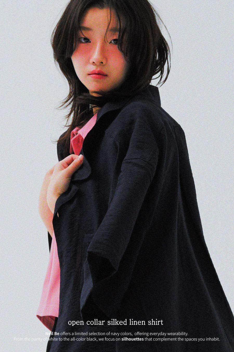 Open Collar Linen Shirt — D.Navy