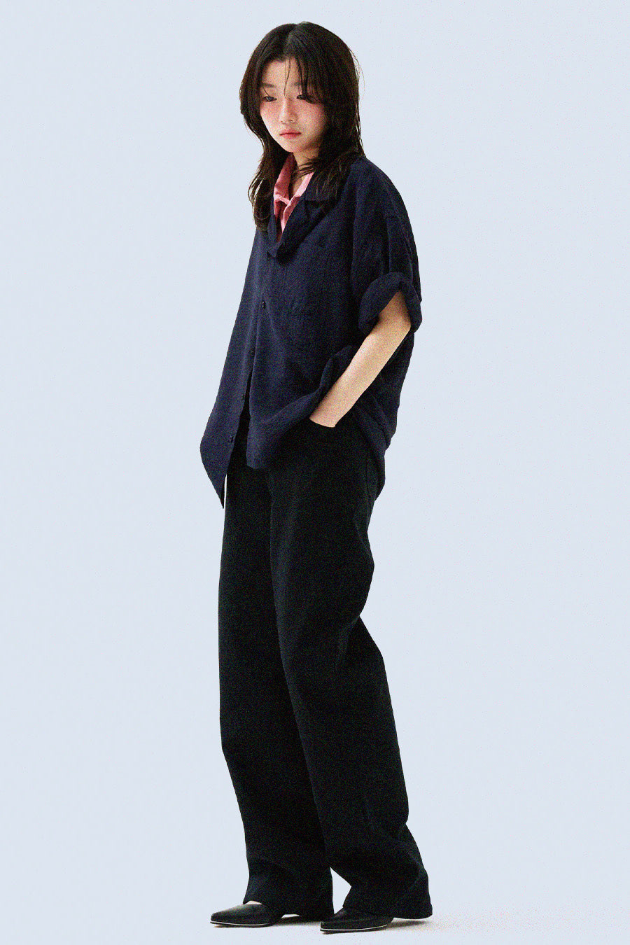 Open Collar Linen Shirt — D.Navy