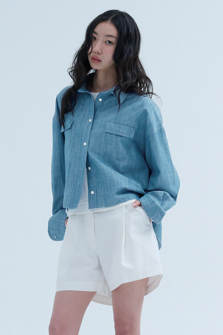 Slub Faded Cut-Off Denim Shirt — Light Blue